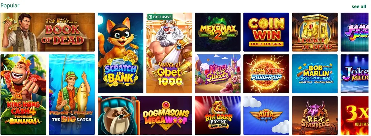 “Popular” games grid showing multiple slot tiles, including Book of Dead, Scratch the Bank, Gates of Qbet 1000 (Exclusive), Coin Win, Legacy of Dead, King Kong Cash, Cash Strike Power Up, Bob Marlin, Big Bass Boxing Bonus Round, and more, with a “see all” link at top right.