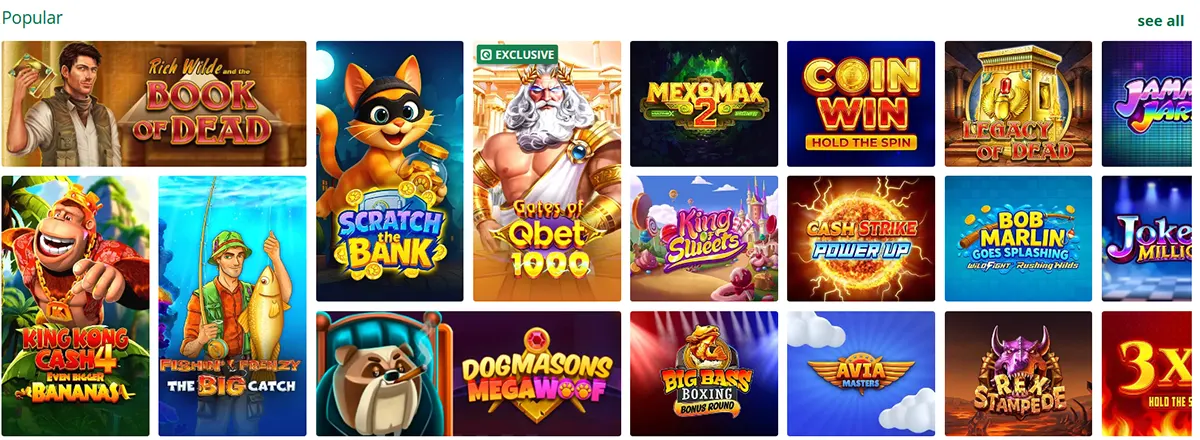 “Popular” games grid showing multiple slot tiles, including Book of Dead, Scratch the Bank, Gates of Qbet 1000 (Exclusive), Coin Win, Legacy of Dead, King Kong Cash, Cash Strike Power Up, Bob Marlin, Big Bass Boxing Bonus Round, and more, with a “see all” link at top right.
