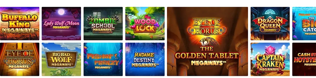 Grid of Megaways slot games including Buffalo King Megaways, Lady Wolf Moon Megaways, Zombie School Megaways, Wood Lock, Eye of Horus Megaways, Big Bad Wolf Megaways, Fishin’ Frenzy Megaways, Madame Destiny Megaways, Dragon Queen Megaways, Captain Kraken Megaways, and Cash Strike Hotstep Megaways.