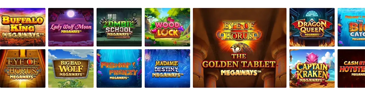 Grid of Megaways slot games including Buffalo King Megaways, Lady Wolf Moon Megaways, Zombie School Megaways, Wood Lock, Eye of Horus Megaways, Big Bad Wolf Megaways, Fishin’ Frenzy Megaways, Madame Destiny Megaways, Dragon Queen Megaways, Captain Kraken Megaways, and Cash Strike Hotstep Megaways.