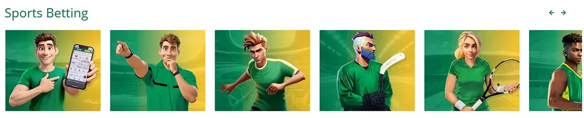 Sports Betting section with a horizontal carousel of illustrated athletes in green outfits — a man holding a betting app on his phone, a fan pointing, a runner, a hockey player, a tennis player, and a basketball player — on green/yellow gradient tiles.