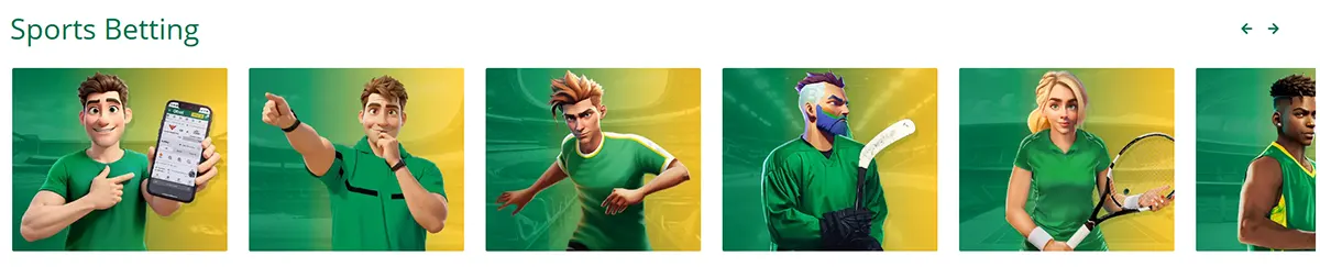 Sports Betting section with a horizontal carousel of illustrated athletes in green outfits — a man holding a betting app on his phone, a fan pointing, a runner, a hockey player, a tennis player, and a basketball player — on green/yellow gradient tiles.